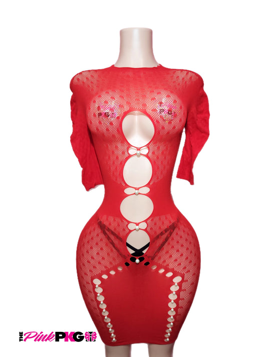 red fishnet dress with pearls