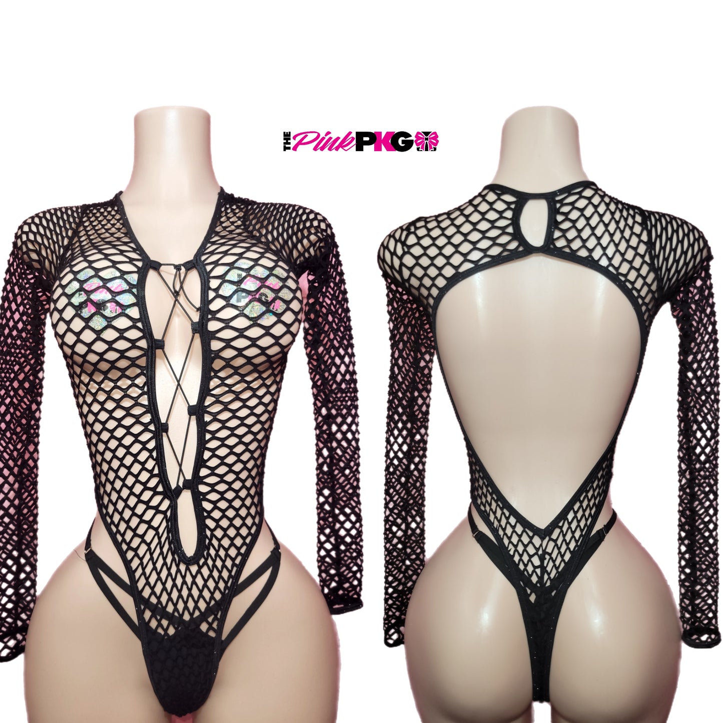 black long sleeve fishnet 1 piece