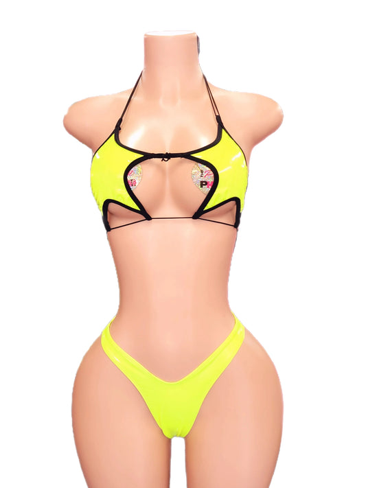 neon  yellow pu leather star top 2 pc